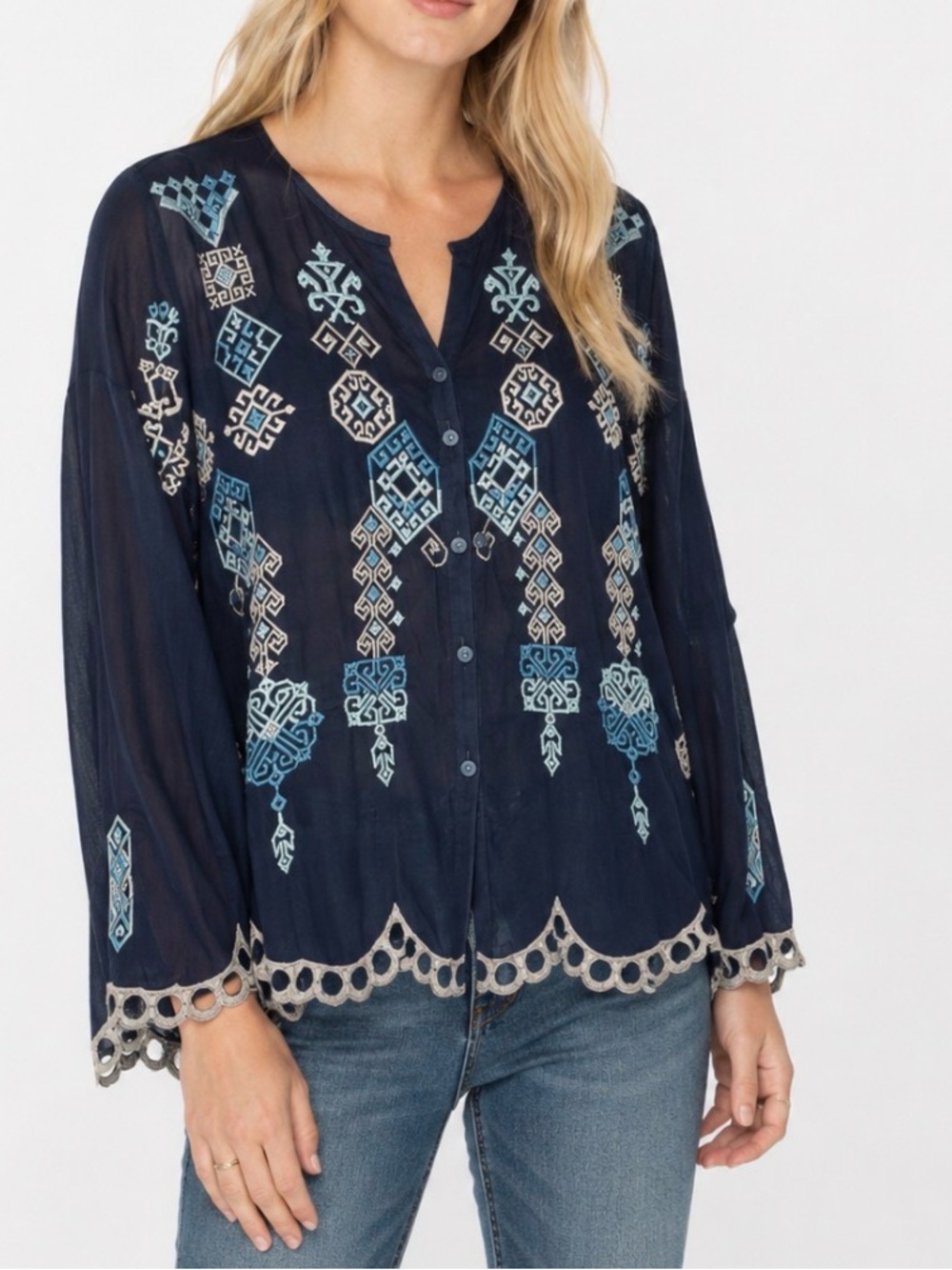 Johnny Was Navy Blue Embroidered Button-Front Tunic
